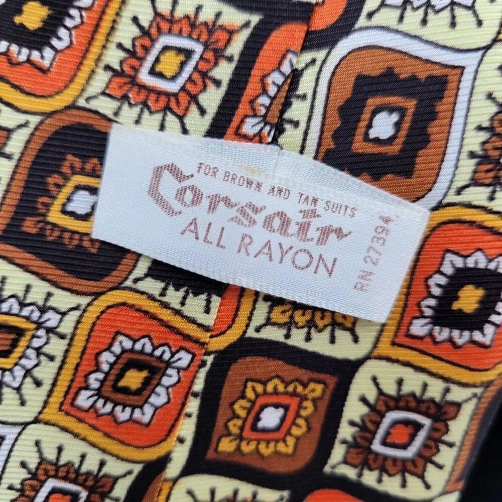 Corsair Vintage 70s Geometric Patterned Tie in Brown and Gold Butter Yellow